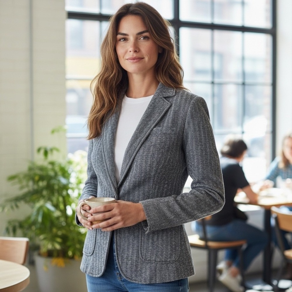 ECRU Gray Blue Herringbone Soft Blazer Jacket Coat Sz L Office Work Casual Layer
